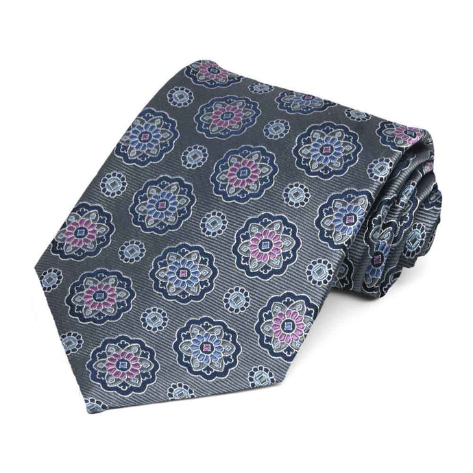 Gray necktie with blue and violet medallion pattern