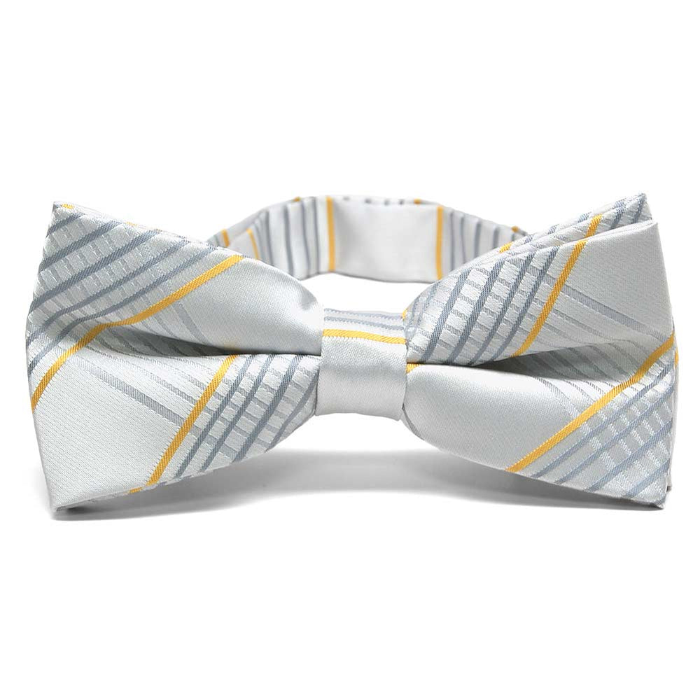 Gray and yellow plaid bow tie, front view