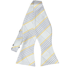 Load image into Gallery viewer, Gray and yellow plaid self-tie bow tie, untied flat front view