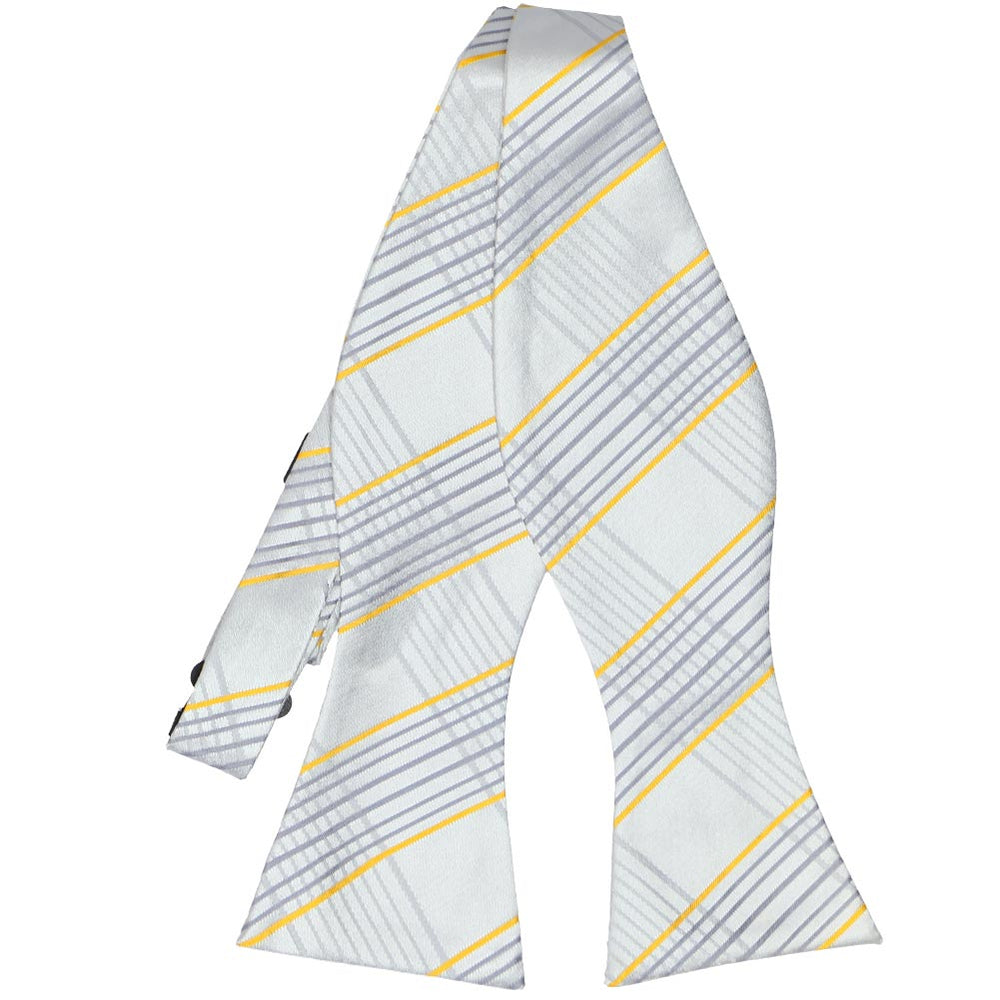 Gray and yellow plaid self-tie bow tie, untied flat front view