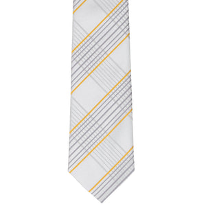 The front view of a gray plaid slim tie