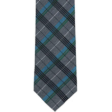 Load image into Gallery viewer, The front of a gray plaid tie with jewel tone accents  Edit alt text