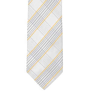 Gray and yellow plaid extra long necktie, flat front view