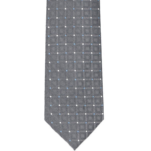 Front view of a dark gray necktie featuring white and blue dots