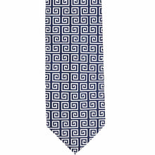 Load image into Gallery viewer, Front of a necktie in a navy blue and white greek key pattern