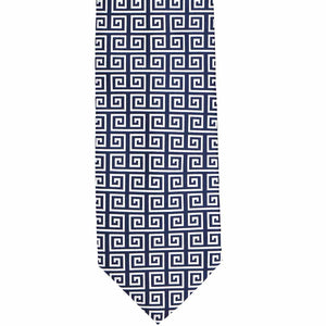 Front of a necktie in a navy blue and white greek key pattern