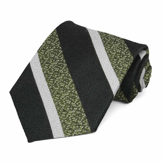 Green black and gray wide striped necktie rolled to show texture