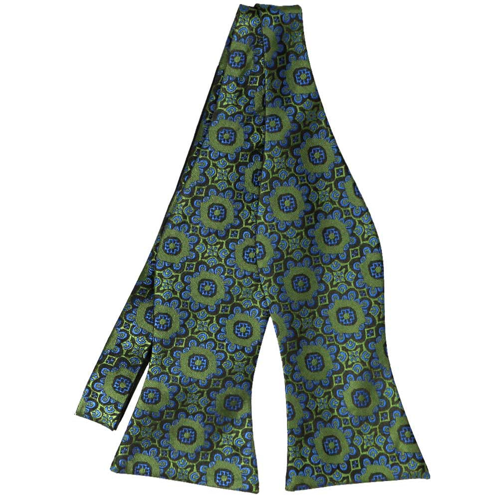 Flat front view of an untied green and blue floral pattern self-tie bow tie