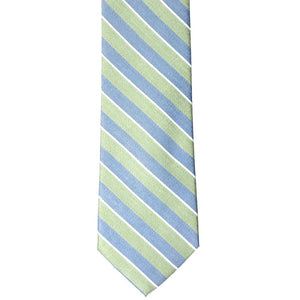 Flat front view of a blue and green striped cotton tie