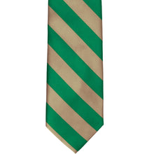 Load image into Gallery viewer, The front of a green and tan striped tie, laid flat