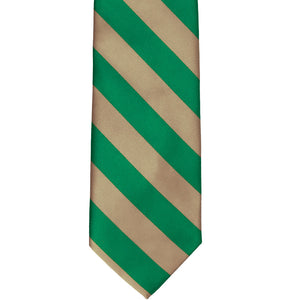 The front of a green and tan striped tie, laid flat
