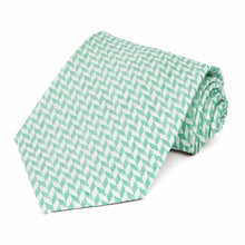 Load image into Gallery viewer, Rolled view of a mint green and white herringbone necktie