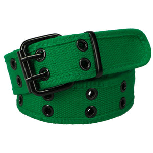 Coiled green double grommet belt with black hardware