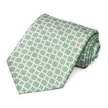 Load image into Gallery viewer, Juniper green extra long tie, rolled to show the white trellis design