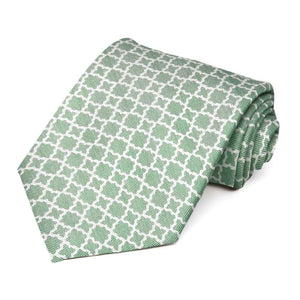 Juniper green extra long tie, rolled to show the white trellis design