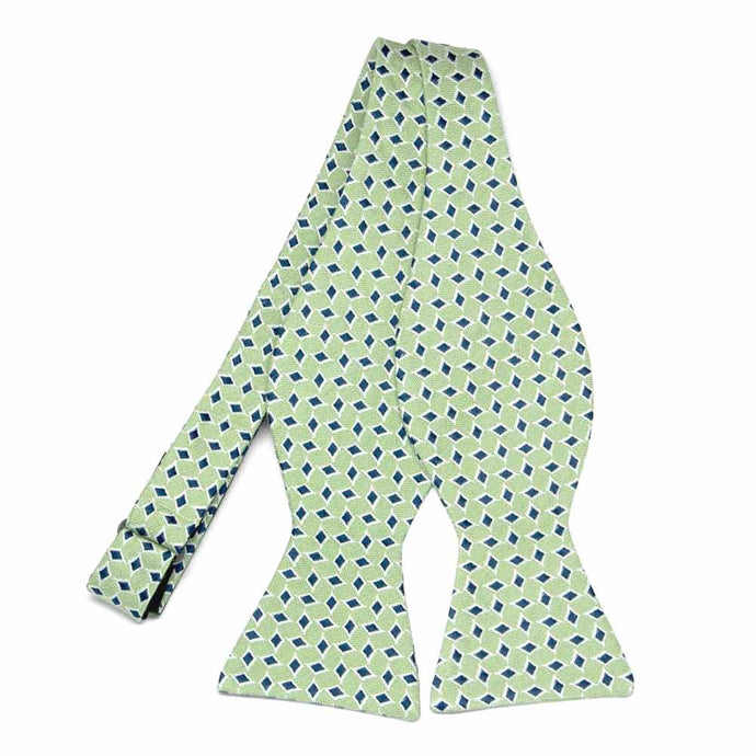 An untied mint green self-tie bow tie with a small blue diamond pattern