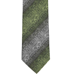 The front tip of a green and gray floral striped tie