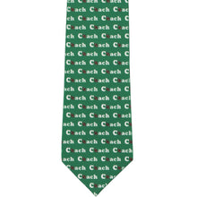 Load image into Gallery viewer, The front view of a green tie with the word Coach repeated and a football for the letter O