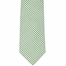 Load image into Gallery viewer, The front of an extra long tie with a small green, gray and white gingham pattern