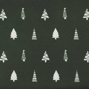 A dark green background with white decorated Christmas trees on it