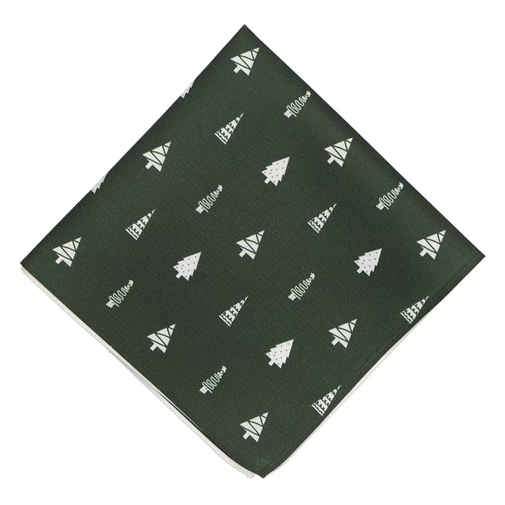 A dark green pocket square with scattered white decorated Christmas trees, folded into a diamond