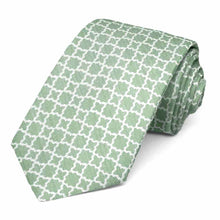 Load image into Gallery viewer, Muted green and white trellis pattern tie, rolled to show the woven texture