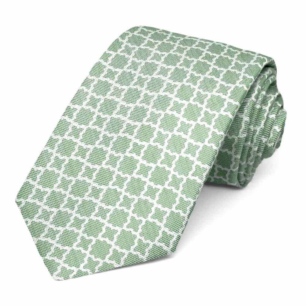Muted green and white trellis pattern tie, rolled to show the woven texture
