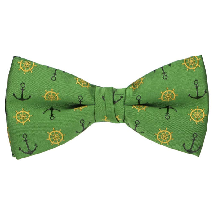 Green pre-tied bow tie with anchors and a ship wheel novelty design