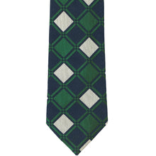 Load image into Gallery viewer, Green, dark blue and cream large square pattern necktie, front view