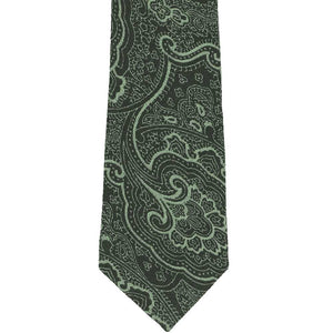 The front of a green large paisley extra long tie