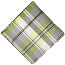 Load image into Gallery viewer, A folded light green white and gray plaid pocket square
