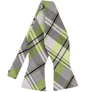 An united light green and gray plaid self-tie bow tie