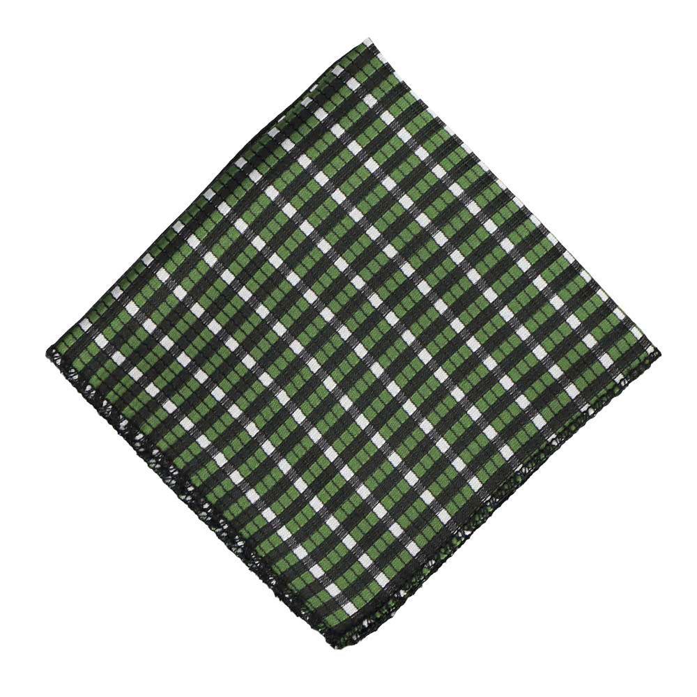 Dark green and white plaid pocket square, flat front view
