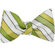 Load image into Gallery viewer, A green and white striped self-tie bow tie, tied