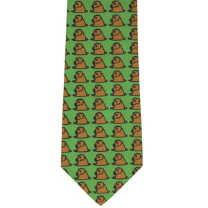 Flat view of a green tie with an all over brown groundhog pattern