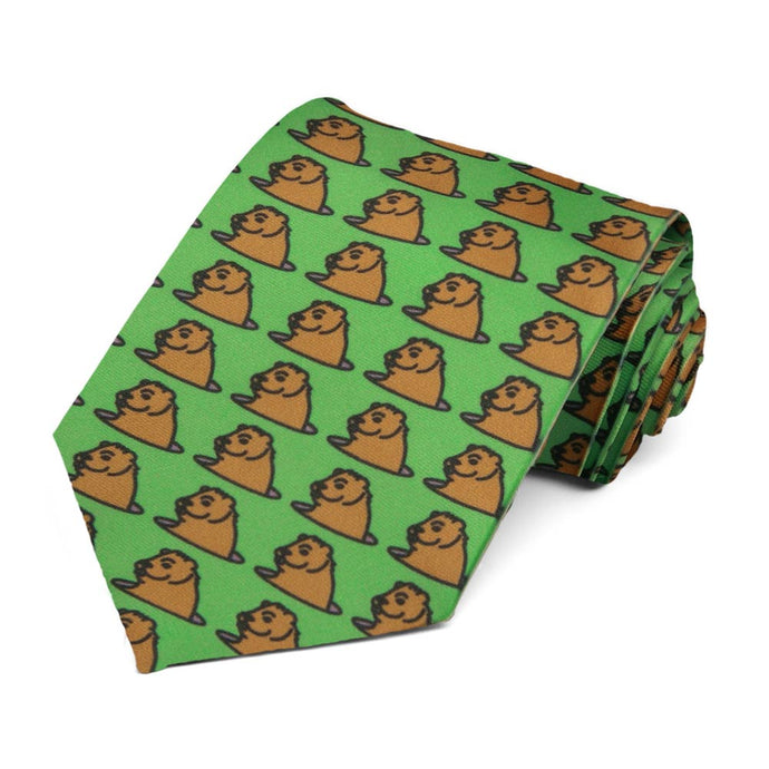 A green novelty tie with an all over brown groundhog pattern