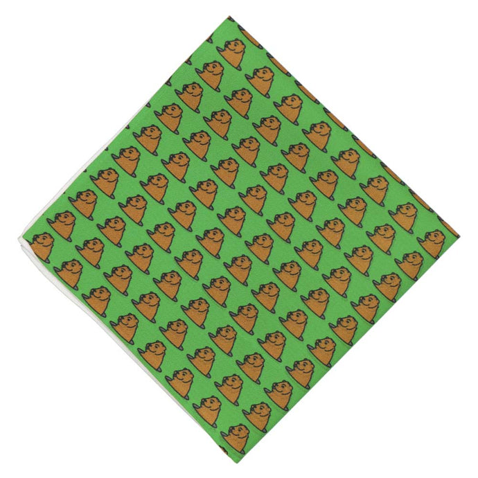 A green novelty pocket square, folded into a diamond, with  groundhogs popping up from holes all over