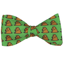 Load image into Gallery viewer, A tied self-tie bow tie with groundhogs popping up all over the bright green background