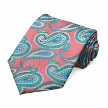 Load image into Gallery viewer, Rolled view of a guava and turquoise paisley tie