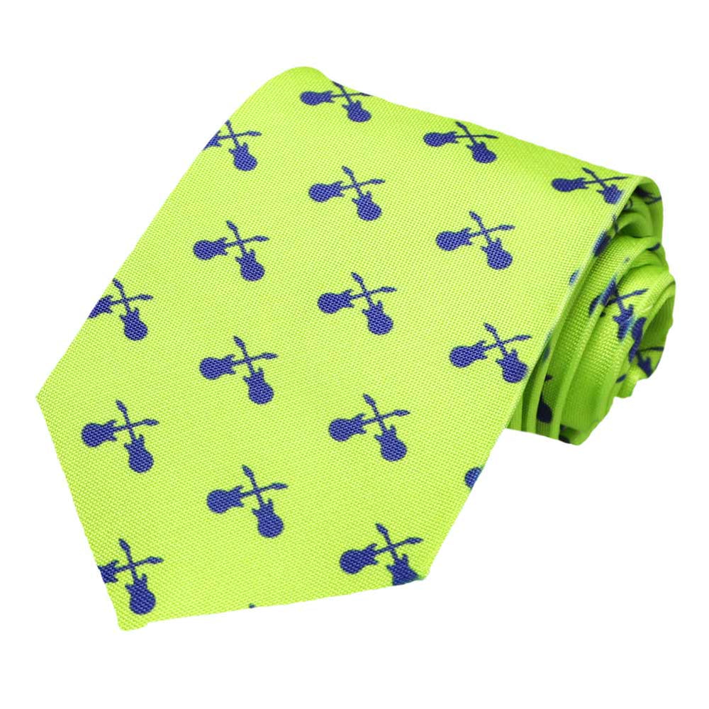A guitar novelty tie in neon green and blue