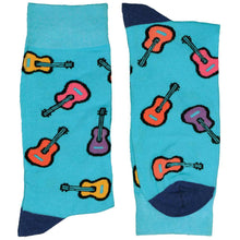 Load image into Gallery viewer, A pair of blue acoustic guitar socks, folded