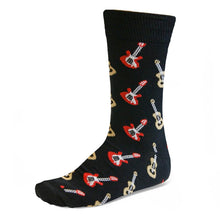 Load image into Gallery viewer, Black dress socks with red and tan electric and acoustic guitar pattern