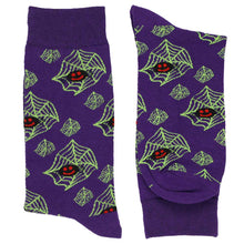 Load image into Gallery viewer, Pair of men&#39;s fun spider web Halloween socks in purple, green and black