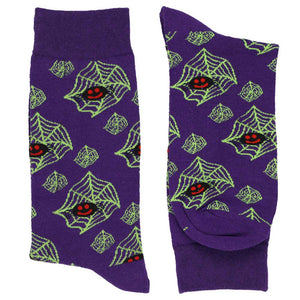Pair of men's fun spider web Halloween socks in purple, green and black