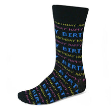 Load image into Gallery viewer, Men&#39;s black socks with colorful happy birthday written 