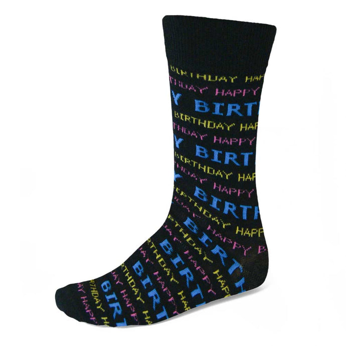 Men's black socks with colorful happy birthday written 