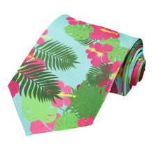 Load image into Gallery viewer, A colorful Hawaiian floral and palm pattern necktie