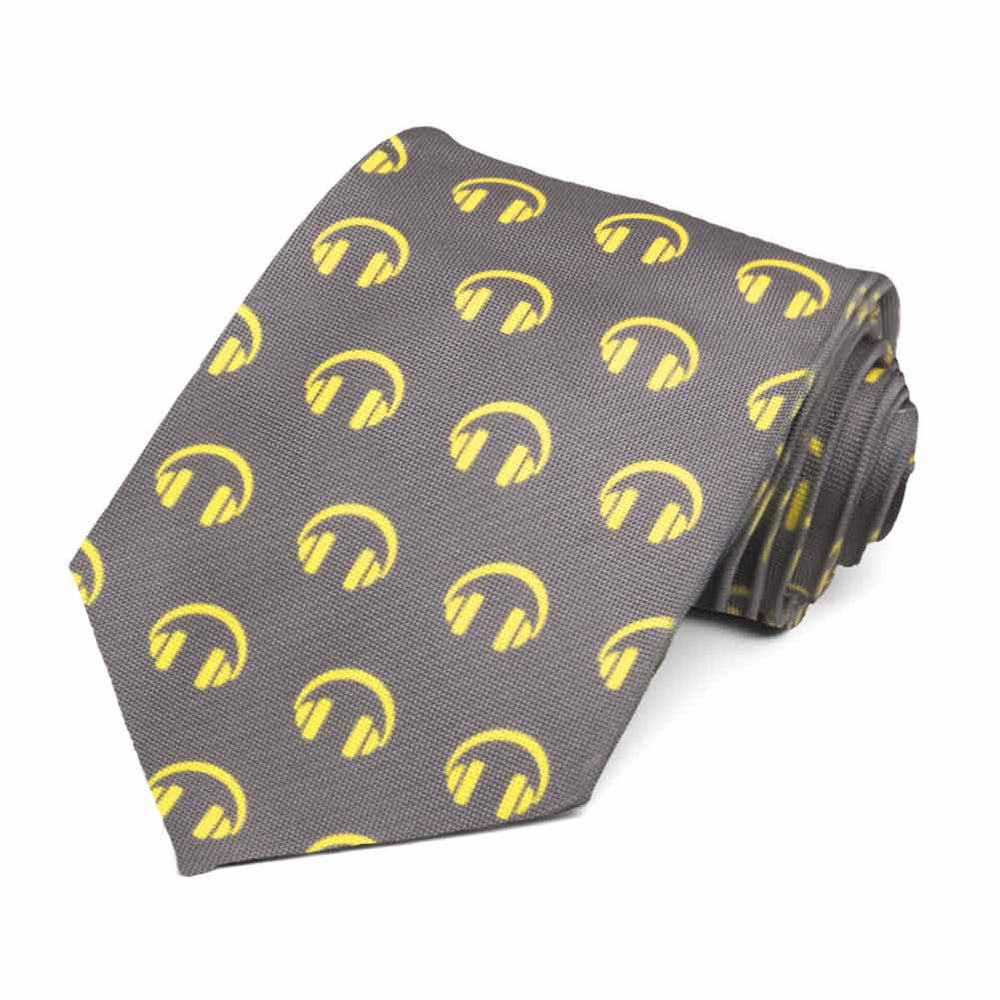 Men's novelty tie with a yellow and gray headphones design