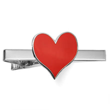 Load image into Gallery viewer, Red Heart tie bar on a silver background.