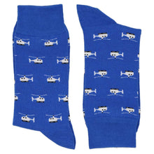 Load image into Gallery viewer, A pair of blue socks with a helicopter pattern, folded to show off design